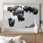 Buffalo Herd Wall Art Canvas Print, Framed Black and White Snowy Landscape