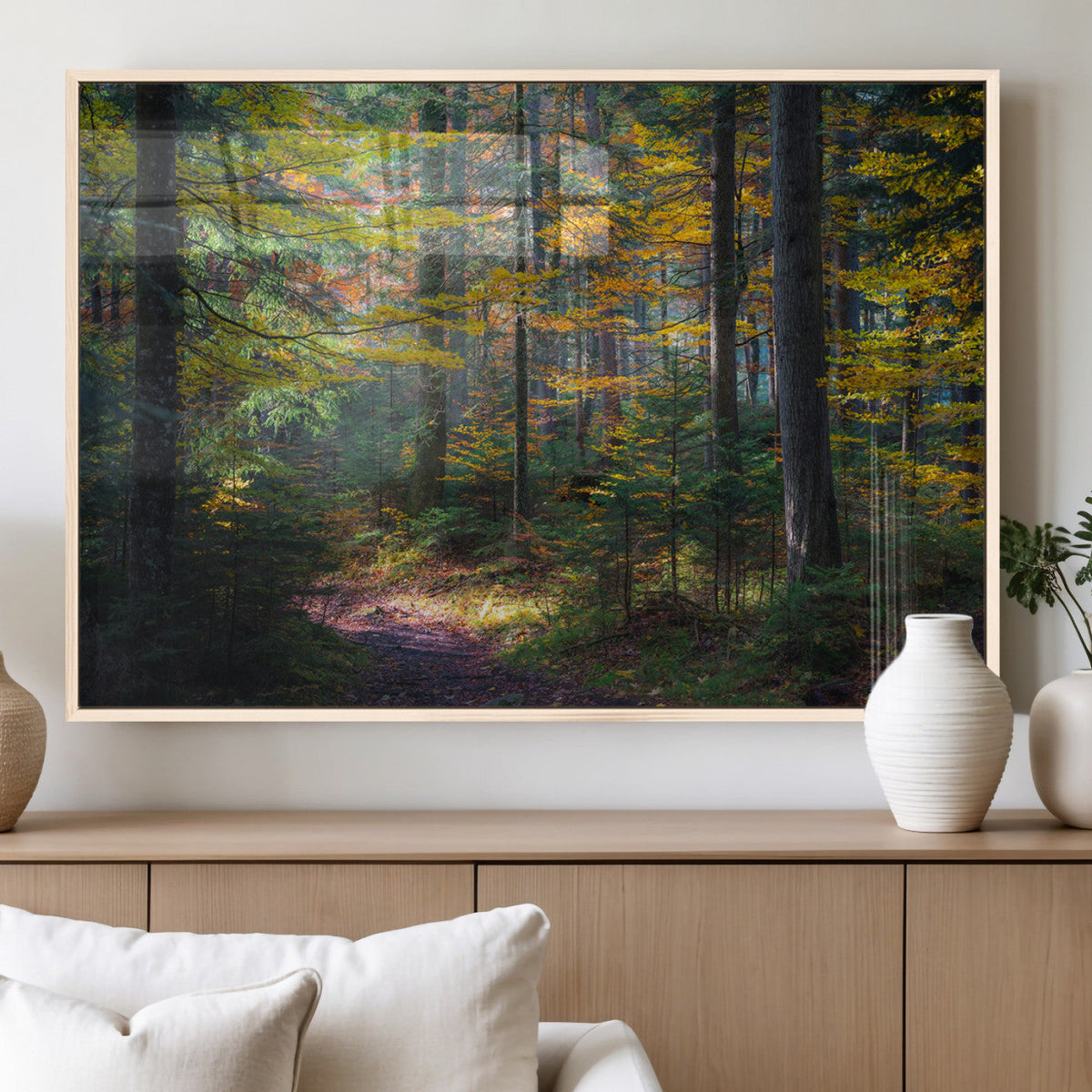 Autumn Forest Wall Art Canvas Print, Framed Fall Woodland with Golden Leaves