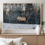 Wild Elk Wall Art Canvas Print, Framed Winter Wildlife in a Snowy Forest