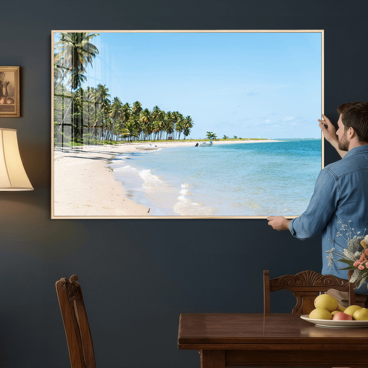 Palm Tree Coast Wall Art Canvas Print, Framed Island Getaway with Crystal Blue Water