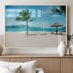 Tropical Beach Wall Art Canvas Print, Framed Palm Tree Ocean View with Calm Waves