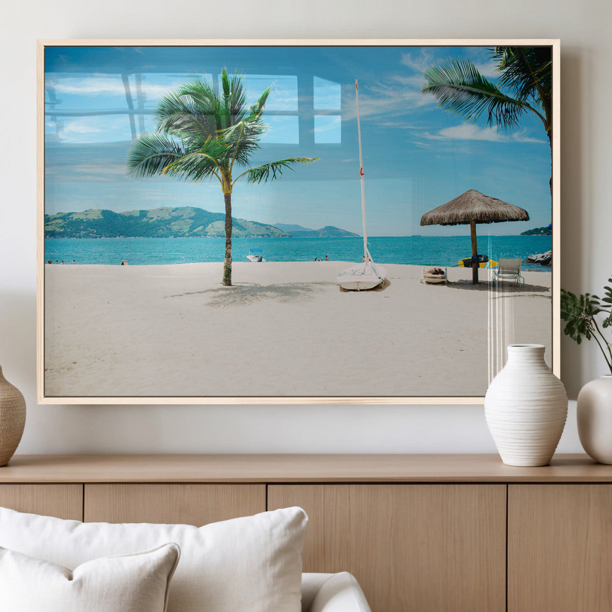 Tropical Beach Wall Art Canvas Print, Framed Palm Tree Ocean View with Calm Waves