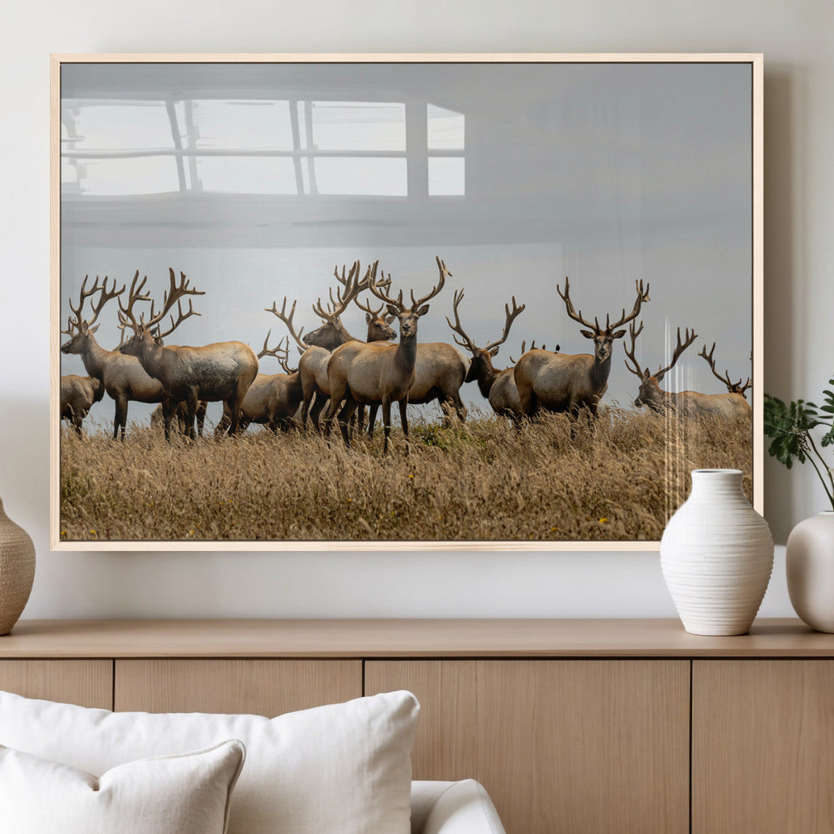 Elk Herd Wall Art Canvas Print, Framed Wildlife Photography Art, Majestic Antlers Rustic Wildlife Decor