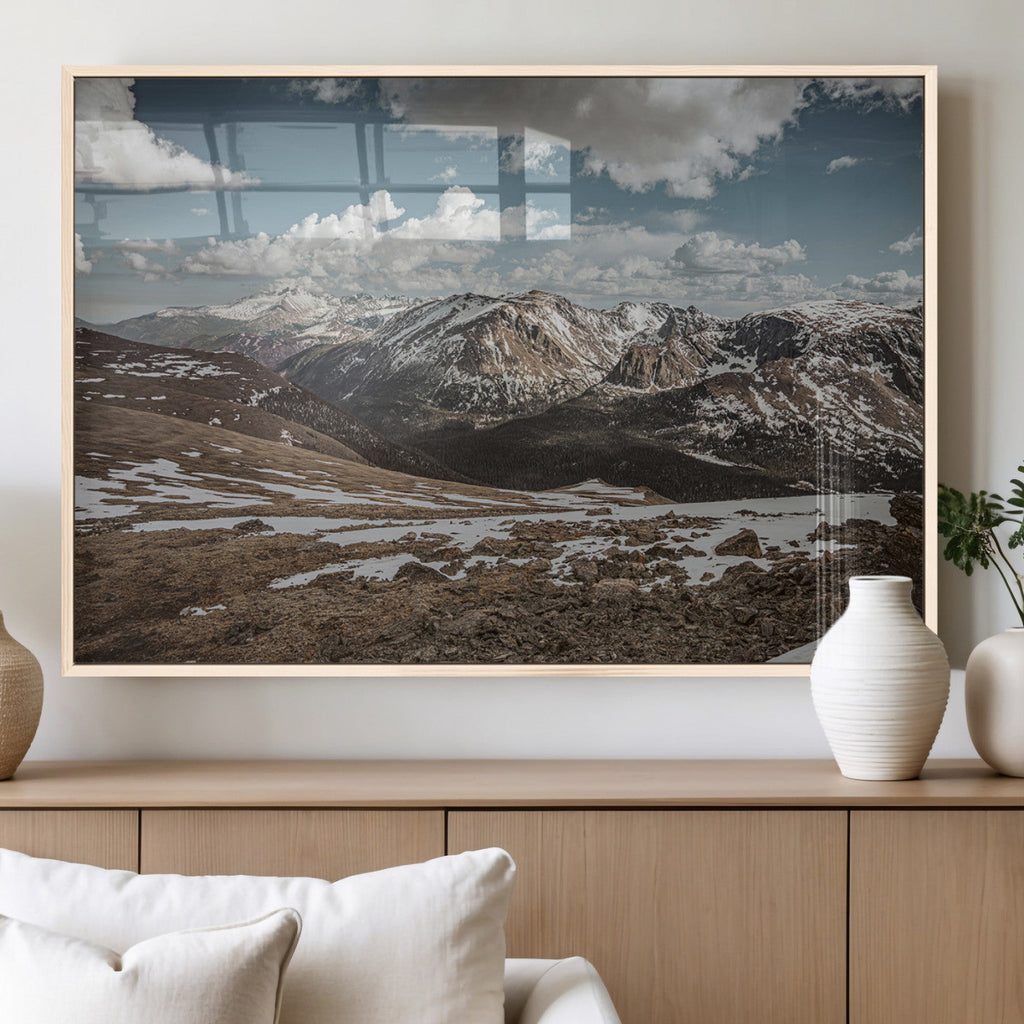 Mountain Landscape Wall Art Canvas Print, Framed Snowy Peaks Art, Rugged Highlands Rustic Adventure Decor