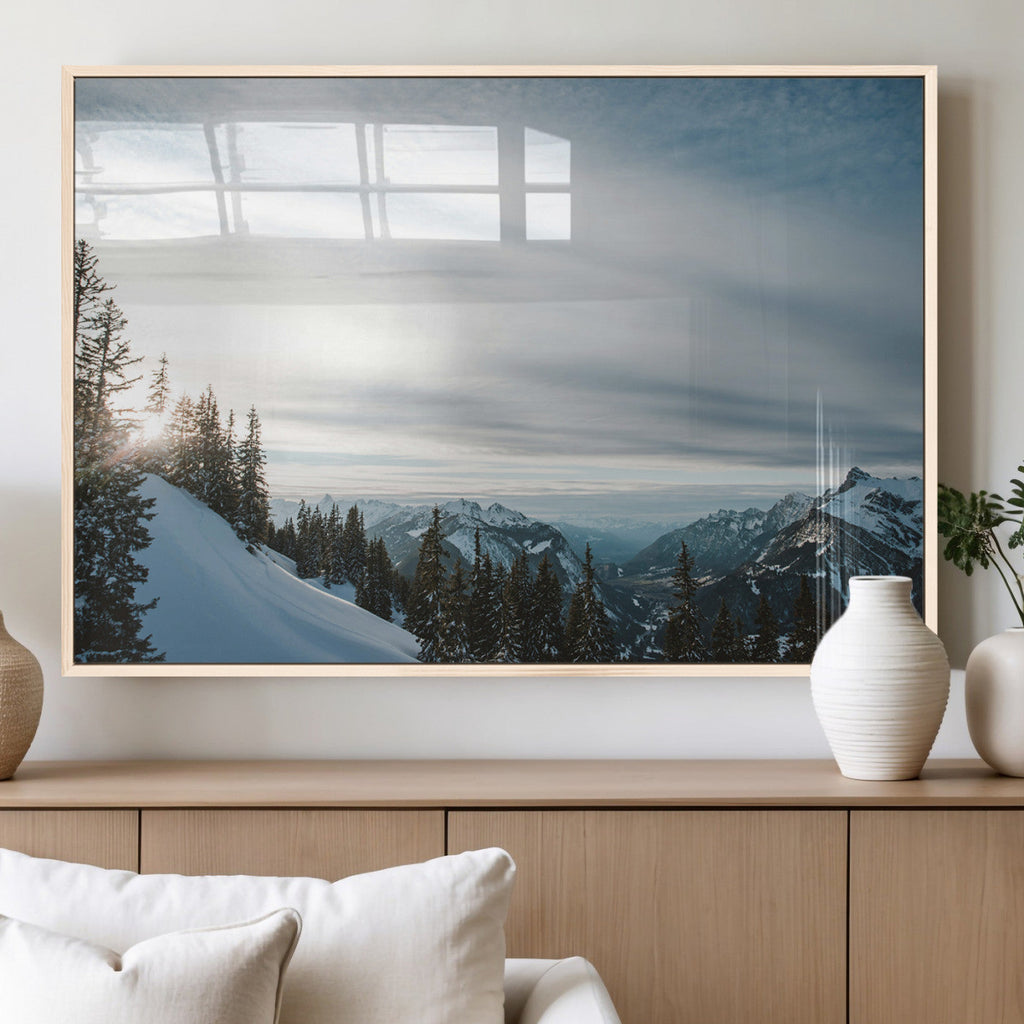 Snowy Mountains Wall Art Canvas Print, Framed Alpine Landscape Frosty Peaks Artwork