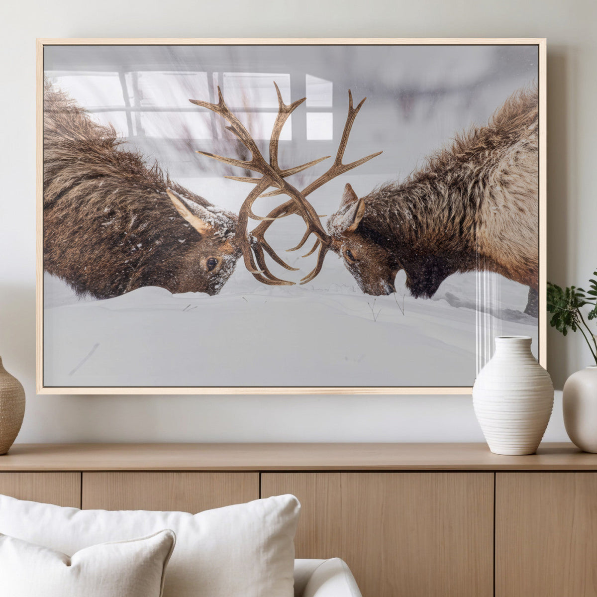 Dramatic Elk Antler Battle Wall Art Canvas Print, Snowy Wildlife Scene