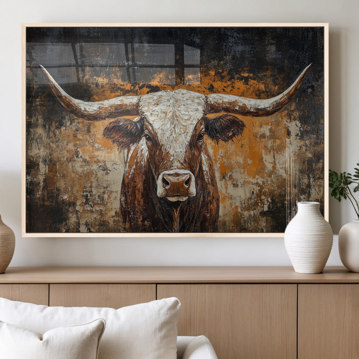 Abstract Longhorn Bull Wall Art Canvas Print, Vintage Western Texas Steer Artwork