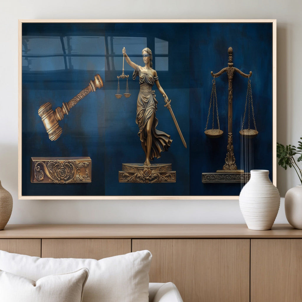 Lady Justice Wall Art Canvas Print, Elegant Gold Legal Symbols on Blue, Law Office Decor
