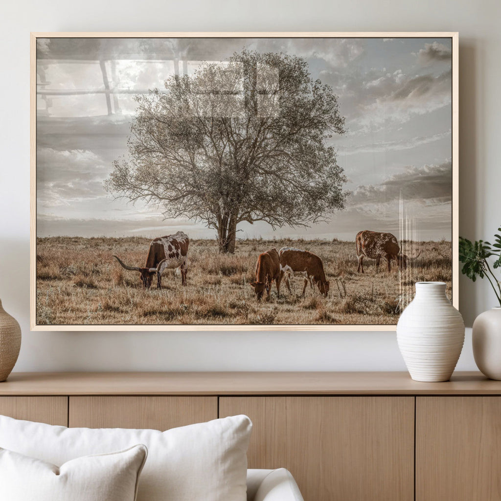 Texas Longhorn Cattle Wall Art, Rustic Western Ranch Canvas
