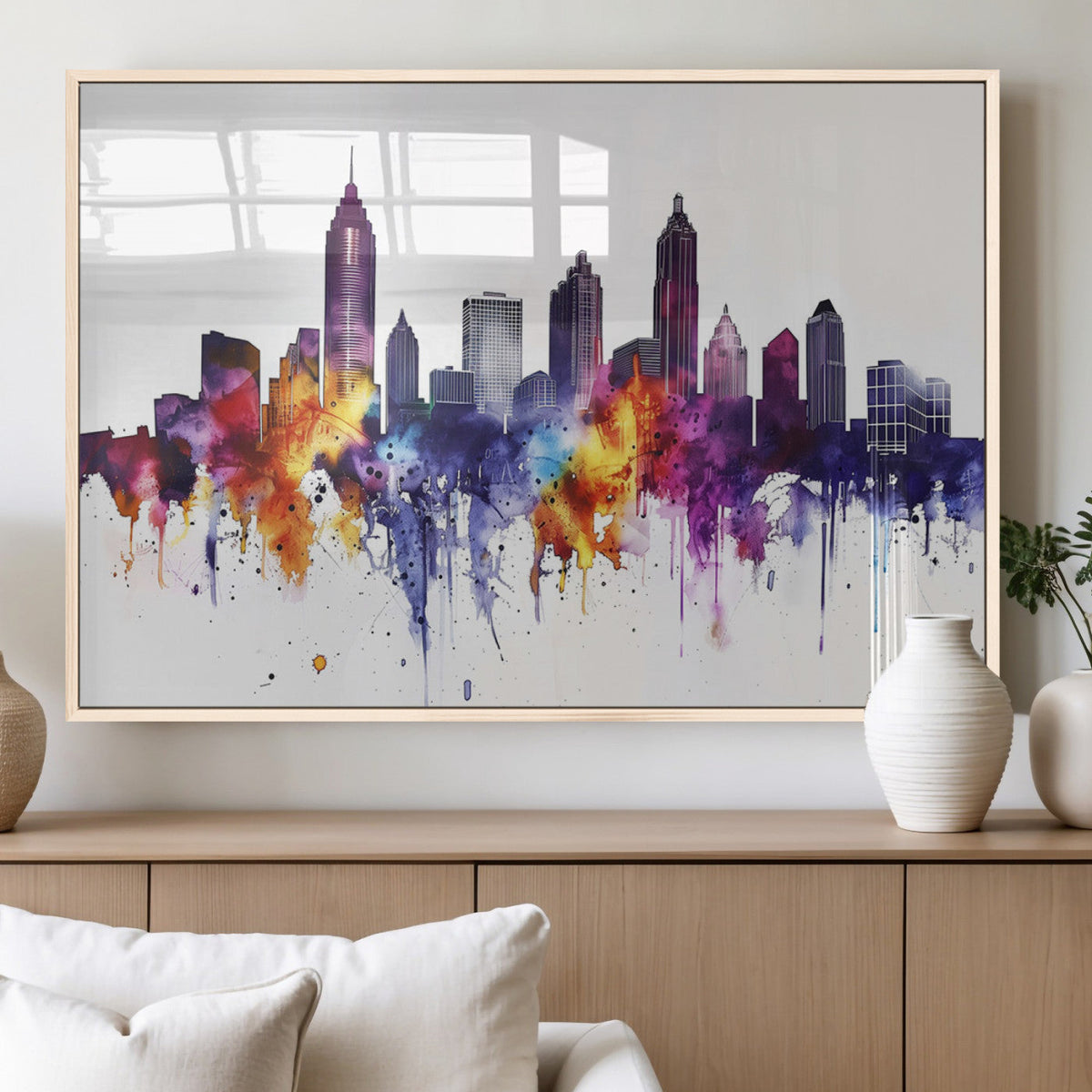 Atlanta Skyline Wall Art Canvas Print, Framed Colorful Watercolor Cityscape
