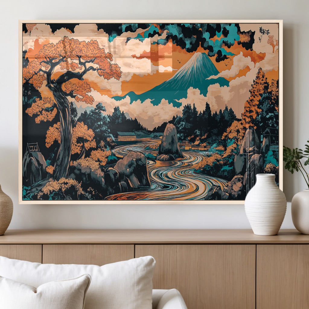 Japanese Landscape Wall Art Canvas Print, Mount Fuji with Flowing River and Autumn Trees