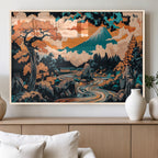 Japanese Landscape Wall Art Canvas Print, Mount Fuji with Flowing River and Autumn Trees