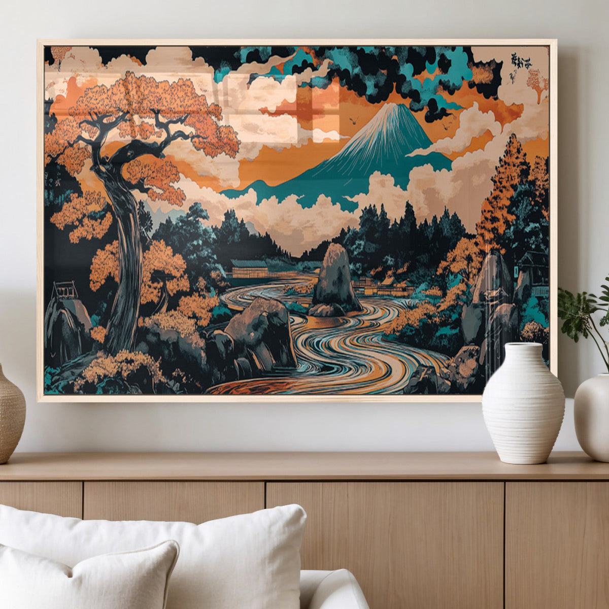 Japanese Landscape Wall Art Canvas Print, Mount Fuji with Flowing River and Autumn Trees