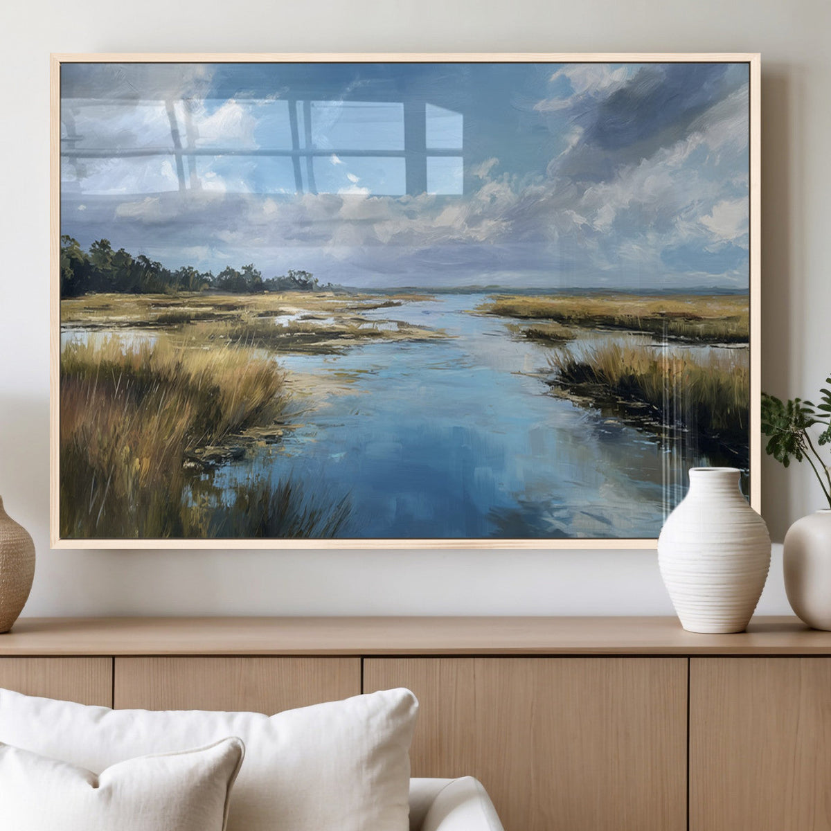 Marshland Wall Art Canvas Print, Serene Water Reflection with Blue Sky and Golden Grass