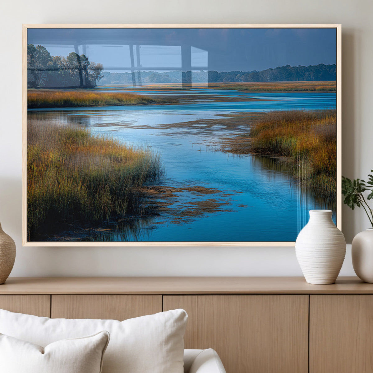 Tranquil Marshland Wall Art Canvas Print, Blue Water Reflecting Sky and Golden Grasses