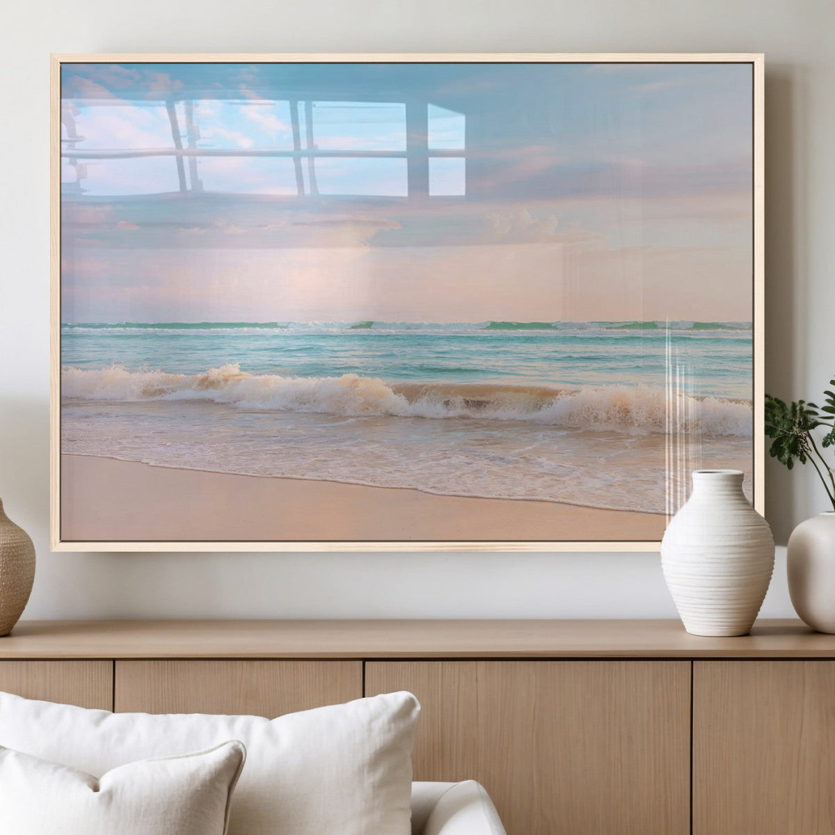 Serene Ocean Waves Wall Art Canvas Print, Pastel Sky Over a Soft Sand Beach