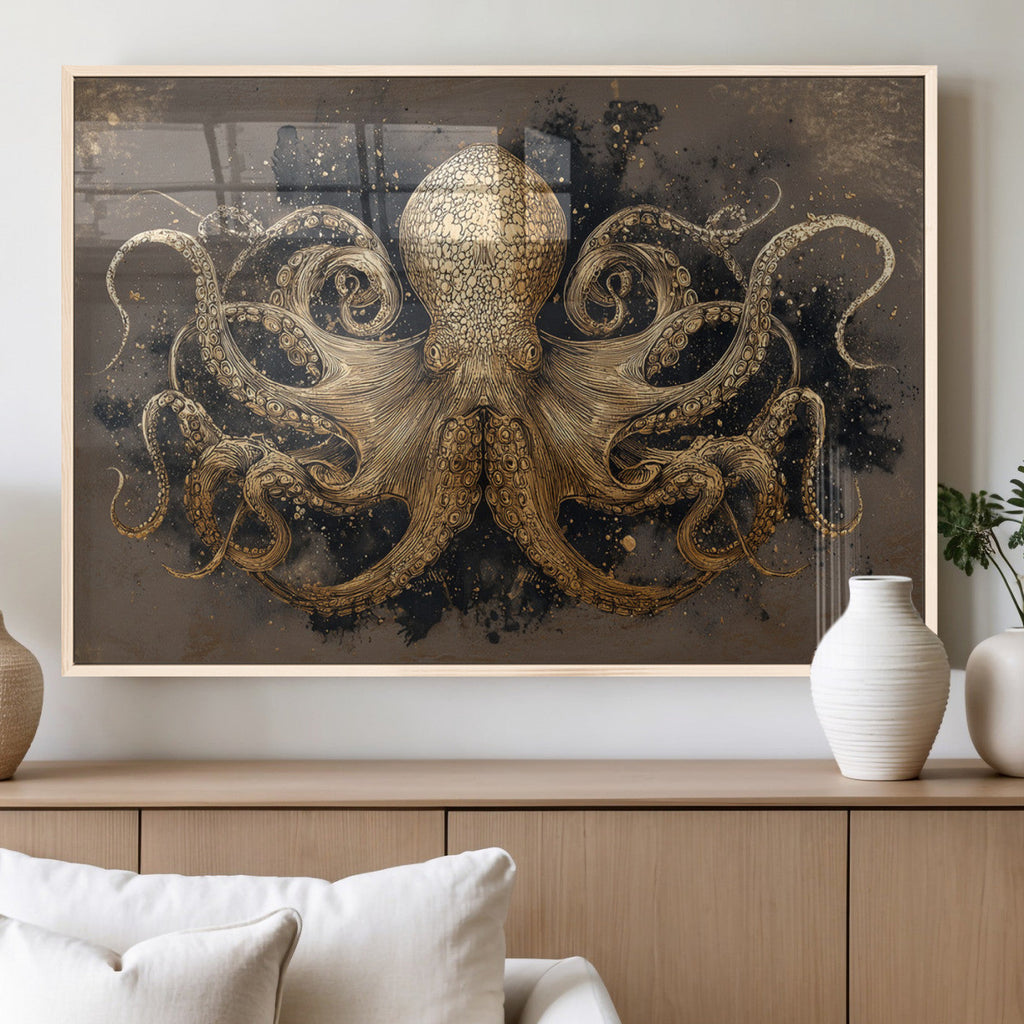 Octopus Wall Art Canvas Print, Black and Gold Detailed Tentacles Nautical Illustration