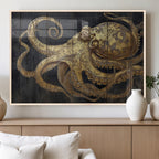 Octopus Wall Art Canvas Print, Gold Detail Octopus on Wooden Plank Background