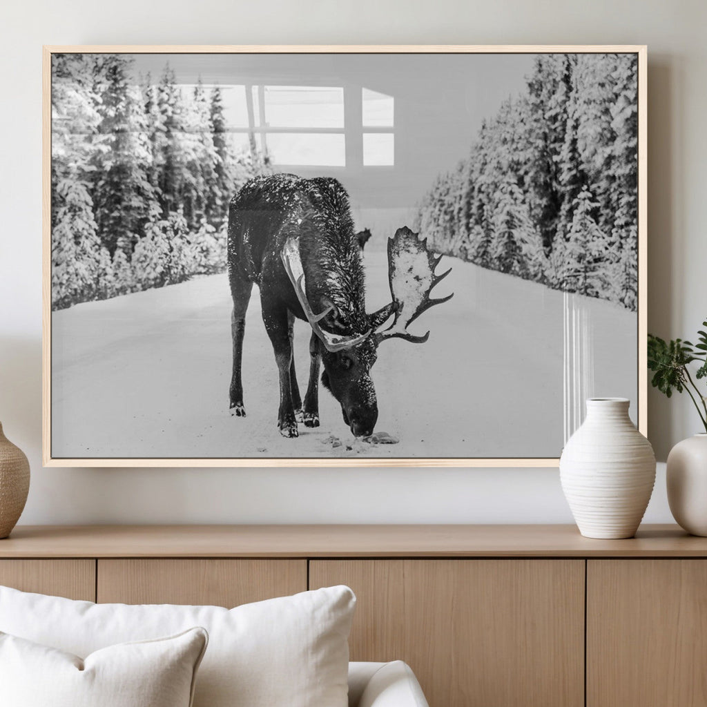 Moose Wall Art Canvas Print, Winter Moose with Antlers in a Snowy Forest