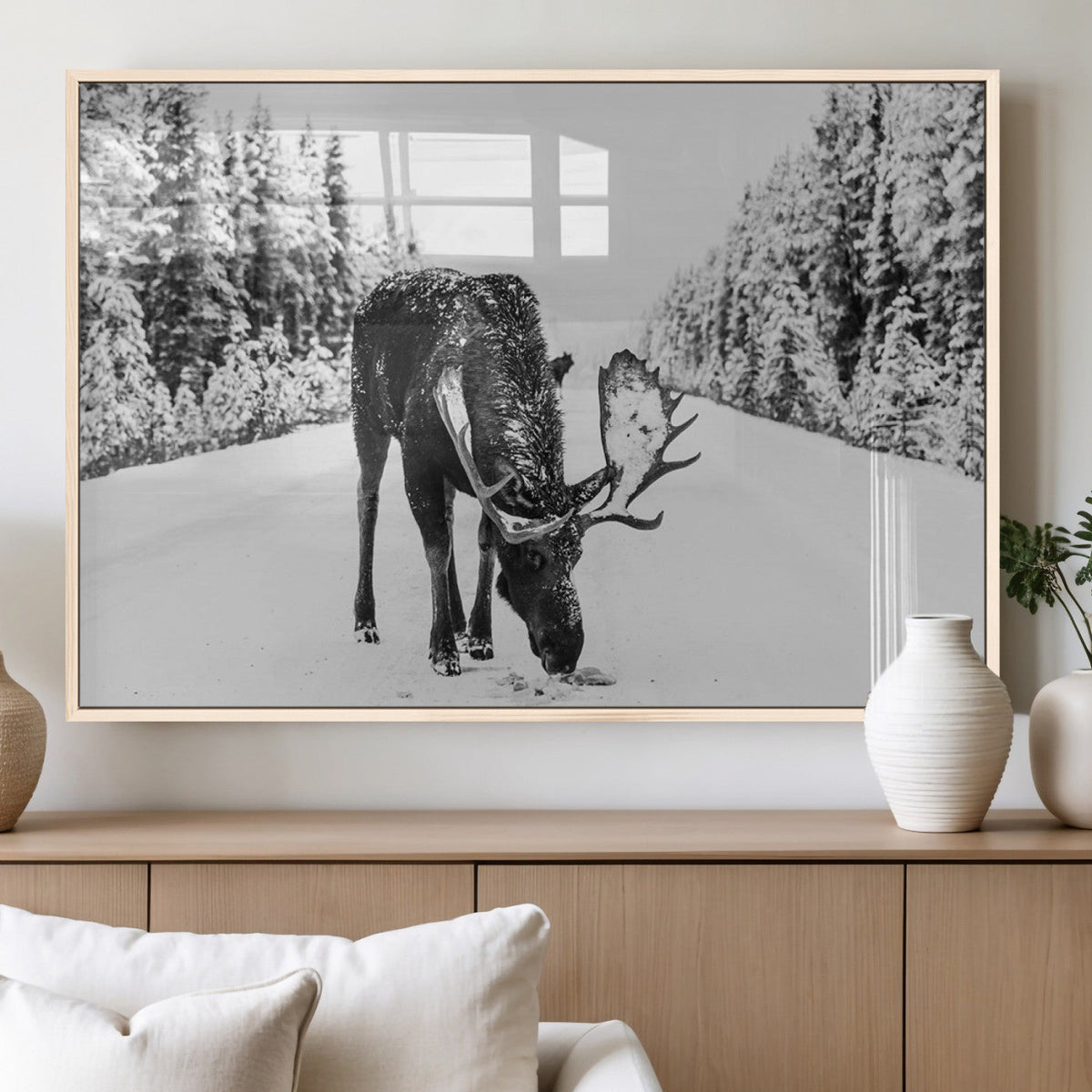 Moose Wall Art Canvas Print, Winter Moose with Antlers in a Snowy Forest