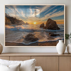 Rocky Ocean Sunset Wall Art Print, Seaside Canvas with Dramatic Seascape