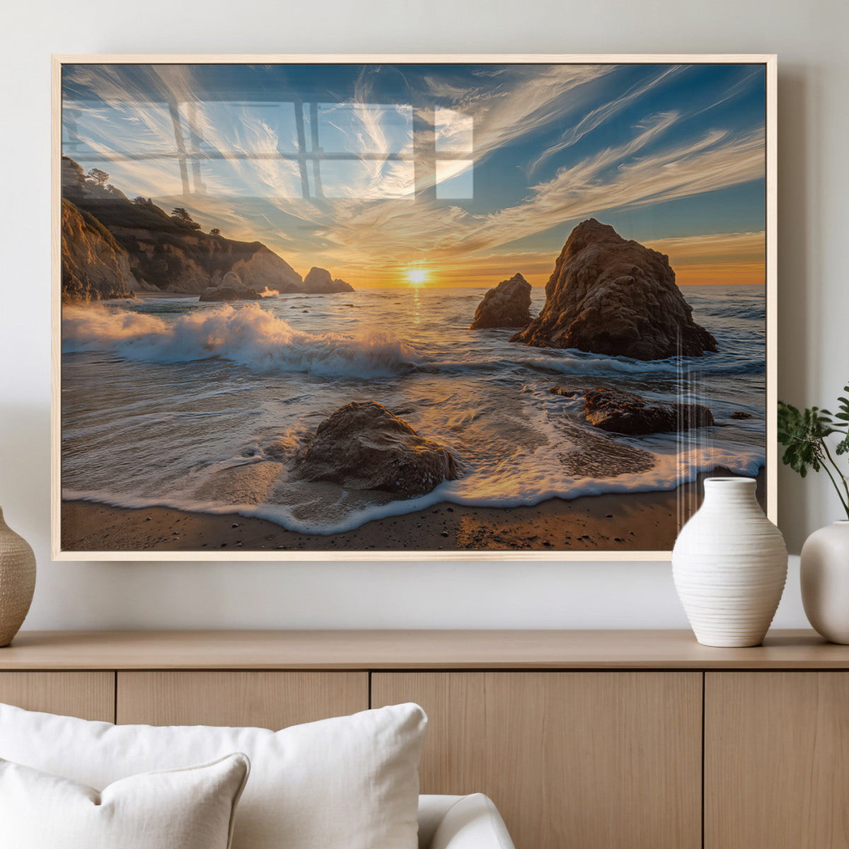 Rocky Ocean Sunset Wall Art Print, Seaside Canvas with Dramatic Seascape