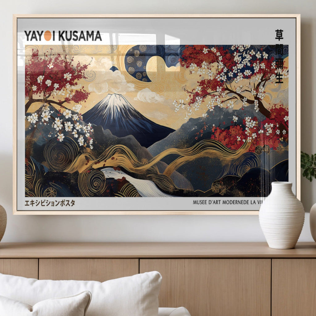 Yayoi Kusama Inspired Japanese Art Canvas Print, Floral Mt. Fuji Modern Asian Wall Decor