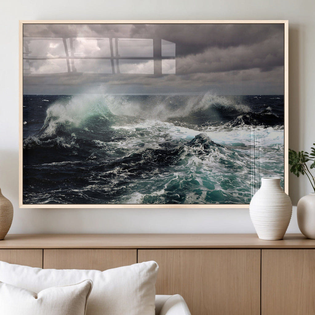 Stormy Ocean Waves Canvas Wall Art, Framed Turbulent Sea Nature Print