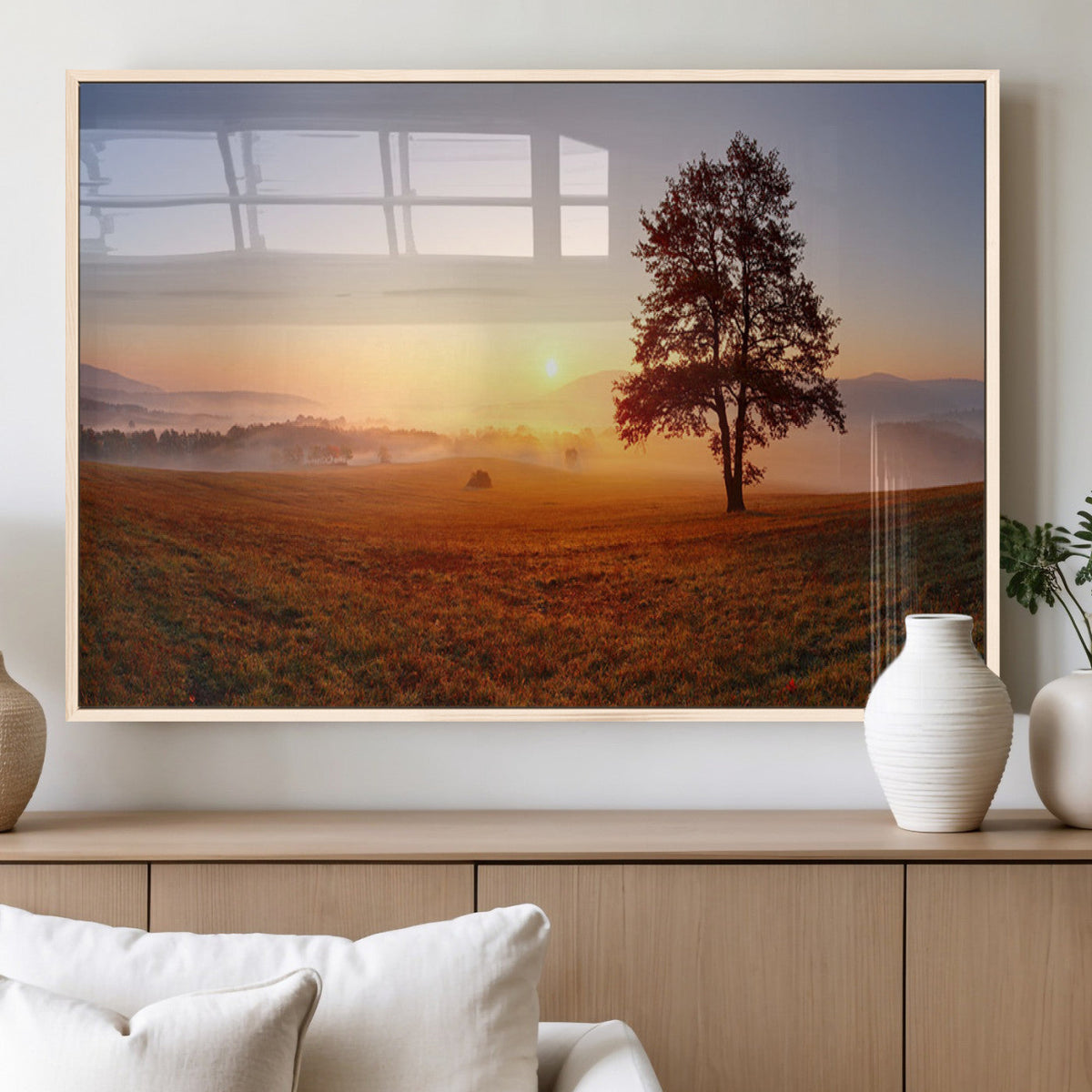 Golden Sunrise Landscape Canvas Wall Art, Framed Misty Field Nature Print