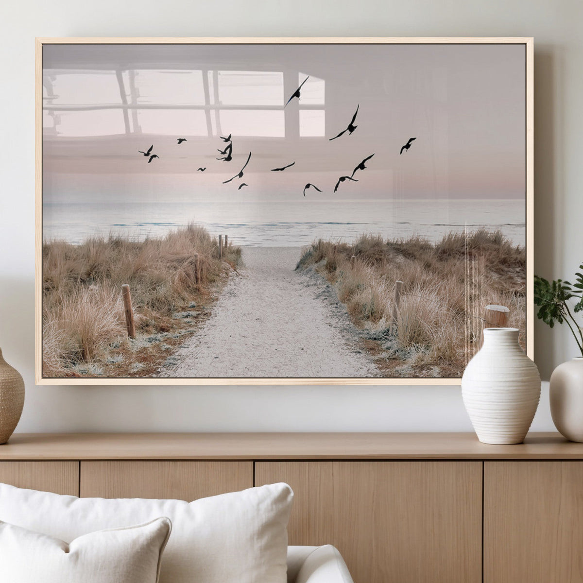 Coastal Pathway Canvas Wall Art Print, Framed Seaside Landscape with Beach and Birds