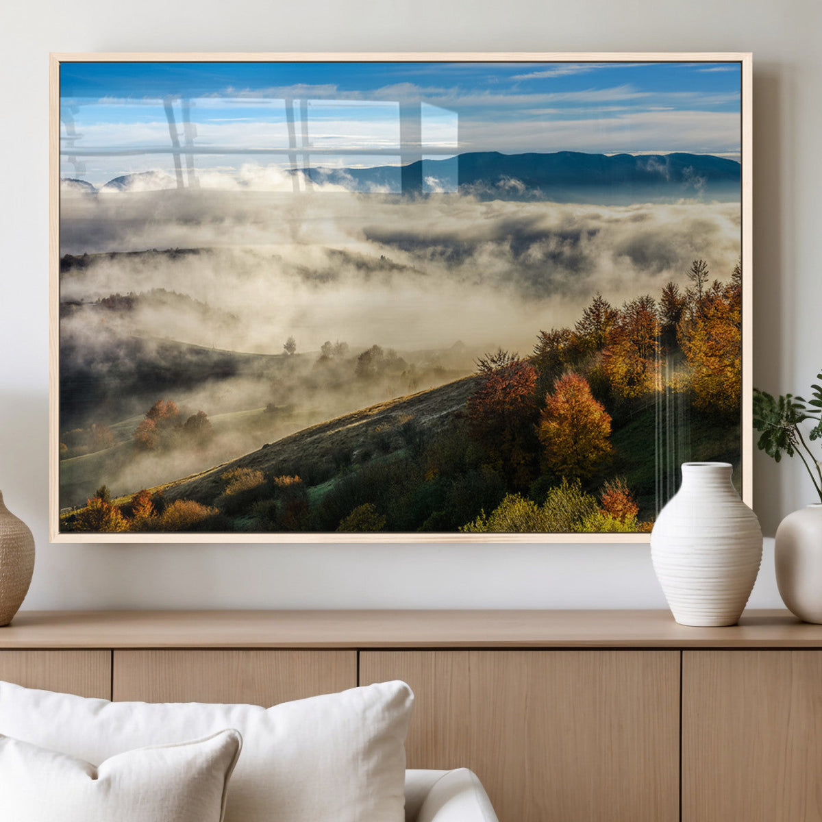 Misty Autumn Hills Wall Art Canvas Print, Foggy Forest Landscape with Fall Foliage