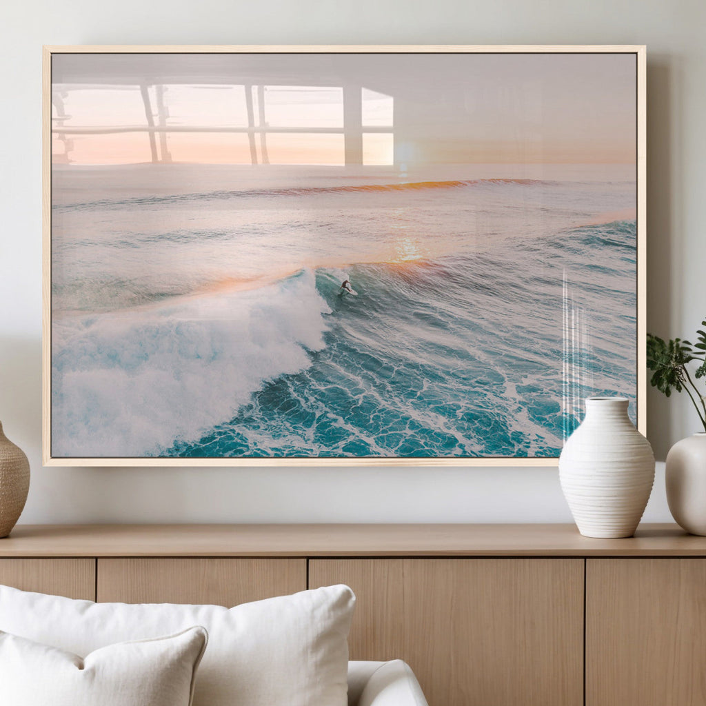 Sunset Surfing Wall Art Canvas Print, Ocean Wave Surfer with Golden Sky