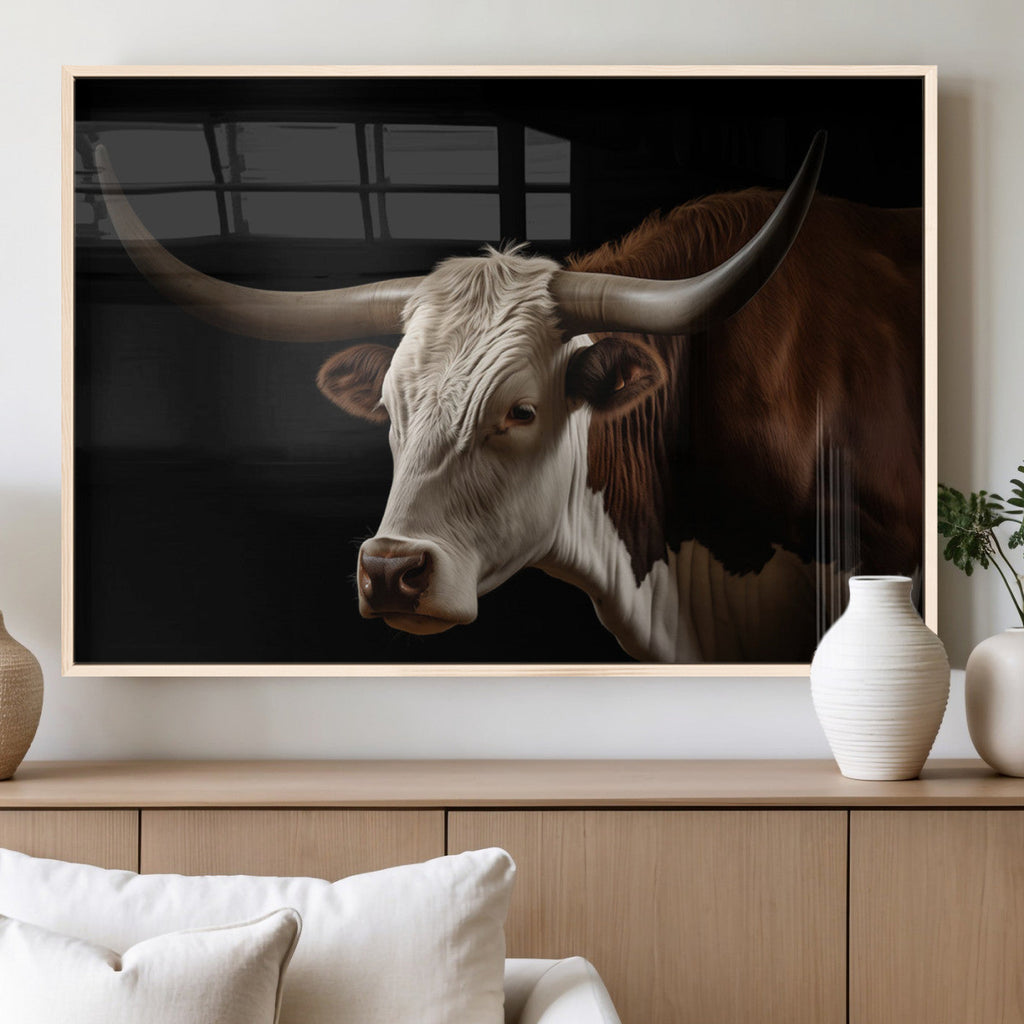 Texas Longhorn Bull Canvas Wall Art, Rustic Western Farmhouse Decor