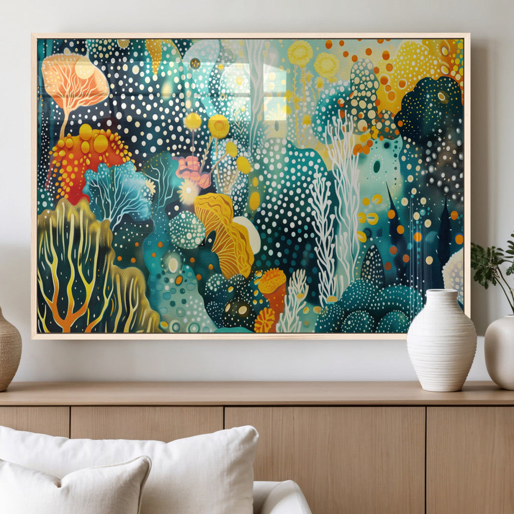 Luminous Abstract Ocean Garden Wall Art Canvas Print, Vibrant Coral Reef Marine Life
