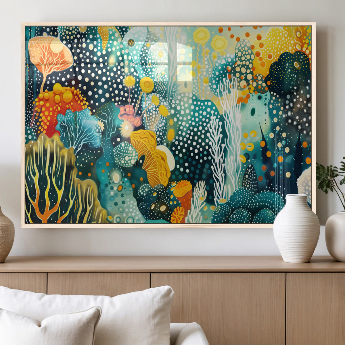 Luminous Abstract Ocean Garden Wall Art Canvas Print, Vibrant Coral Reef Marine Life
