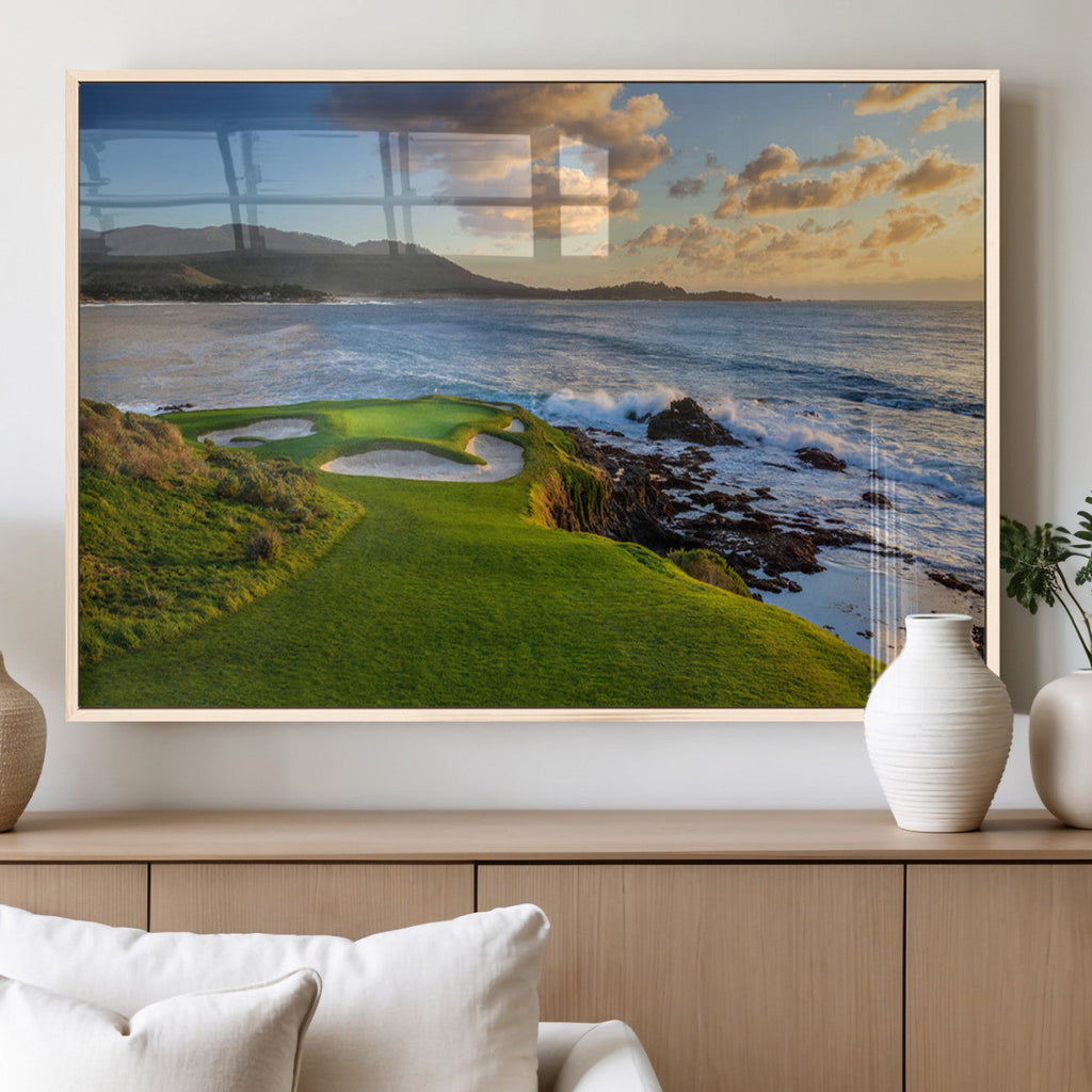 Coastal Golf Course Wall Art Canvas Print, Sunset with Rolling Green Fairways and Ocean Waves