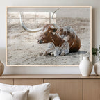 Majestic Longhorn Wall Art Canvas Print, Resting on Sunlit Desert Ground