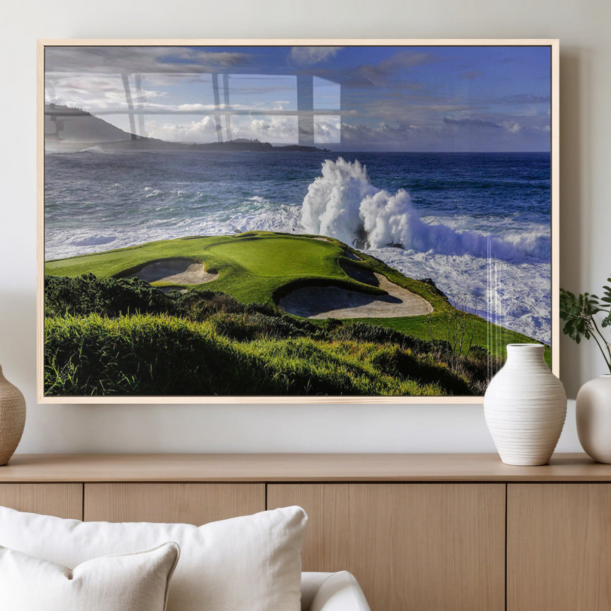 Ocean Waves Crashing Wall Art Canvas Print, Dramatic Rocky Coastline Near a Golf Course