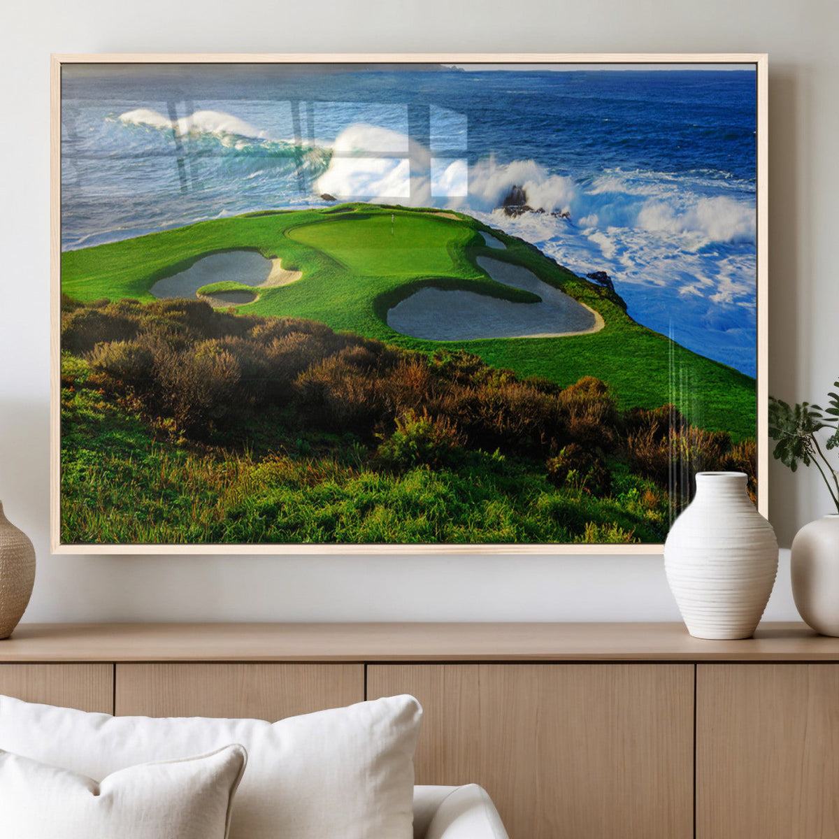 Coastal Golf Course Wall Art Canvas Print, Vibrant Green with Sand Bunkers and Ocean Waves
