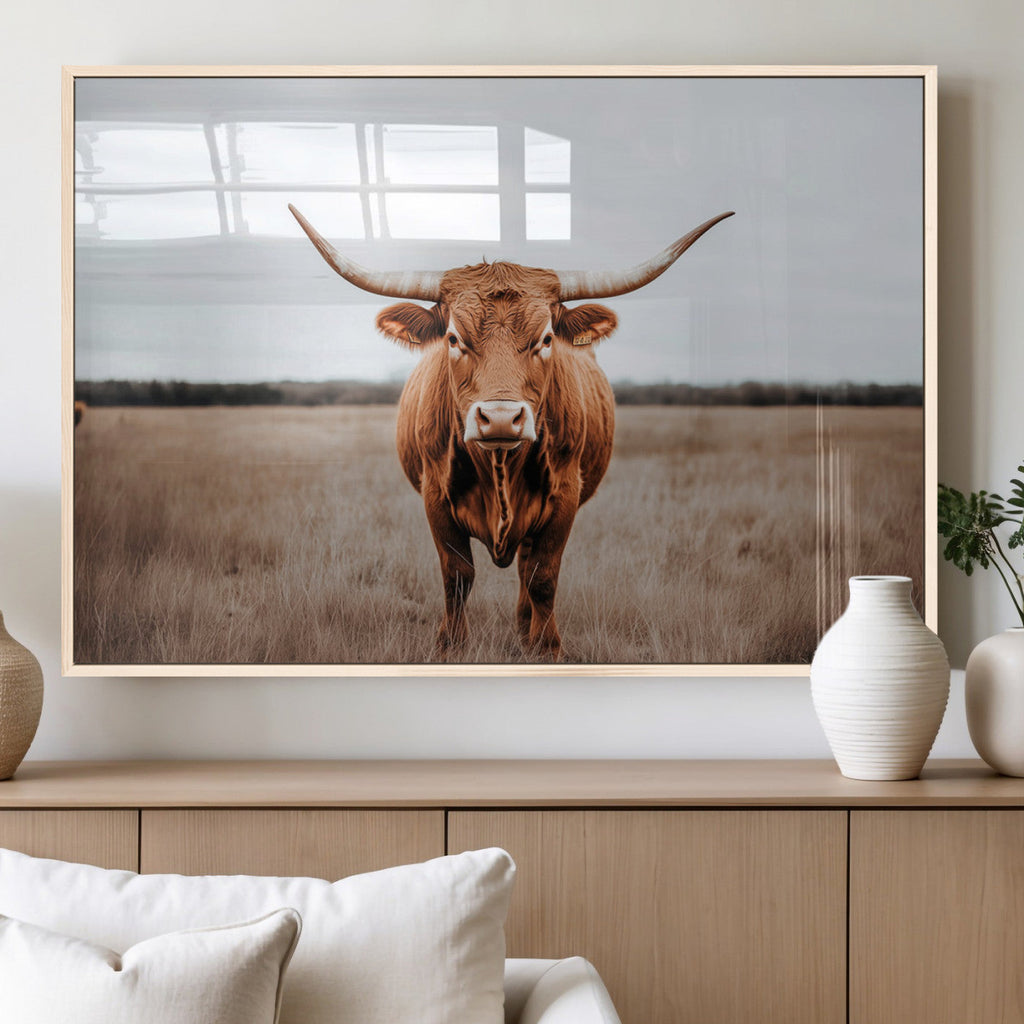 Longhorn Bull Wall Art Canvas Print, Framed Rustic Decor