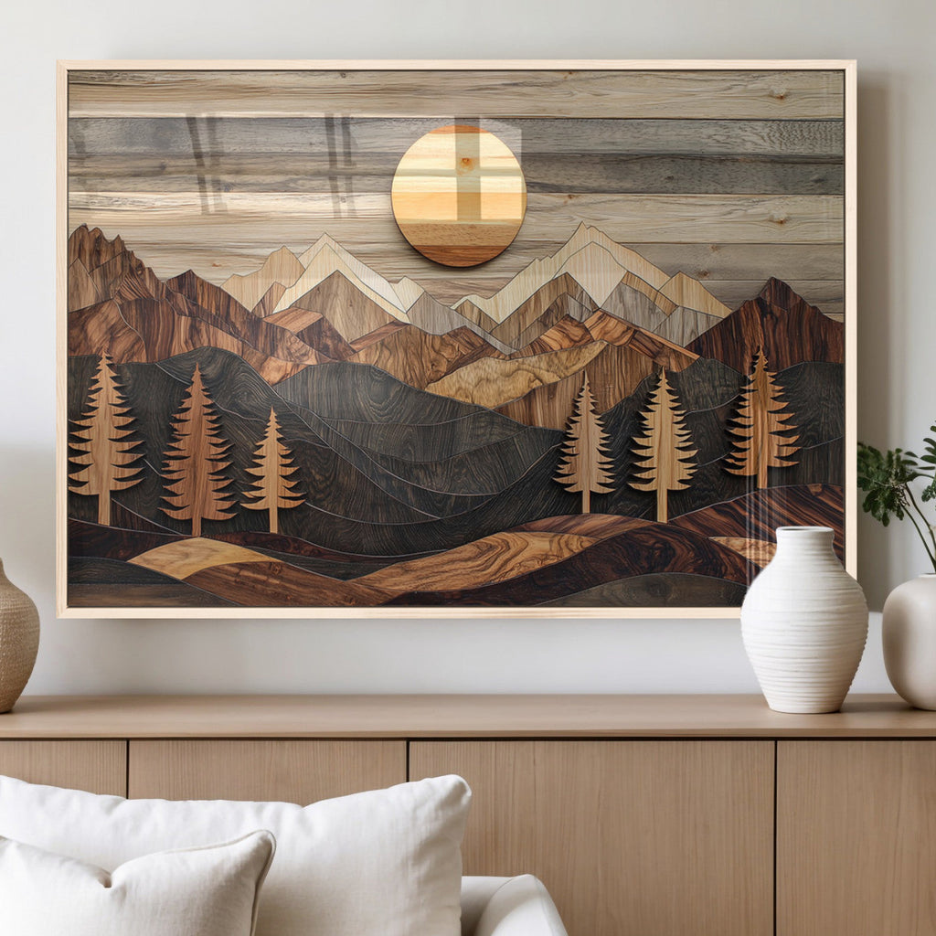 Wooden Mountain Layers Art | Rustic Pine Tree Landscape