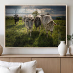 Grazing Cattle Herd Wall Art Canvas Print, Framed Green Pasture Farm Scene