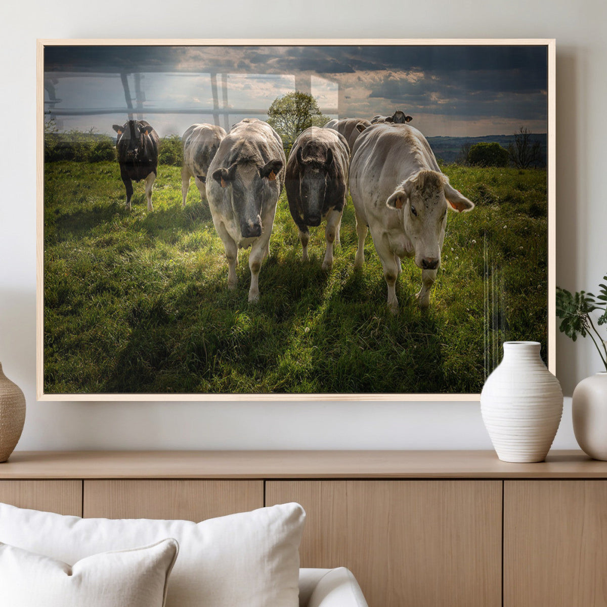 Grazing Cattle Herd Wall Art Canvas Print, Framed Green Pasture Farm Scene