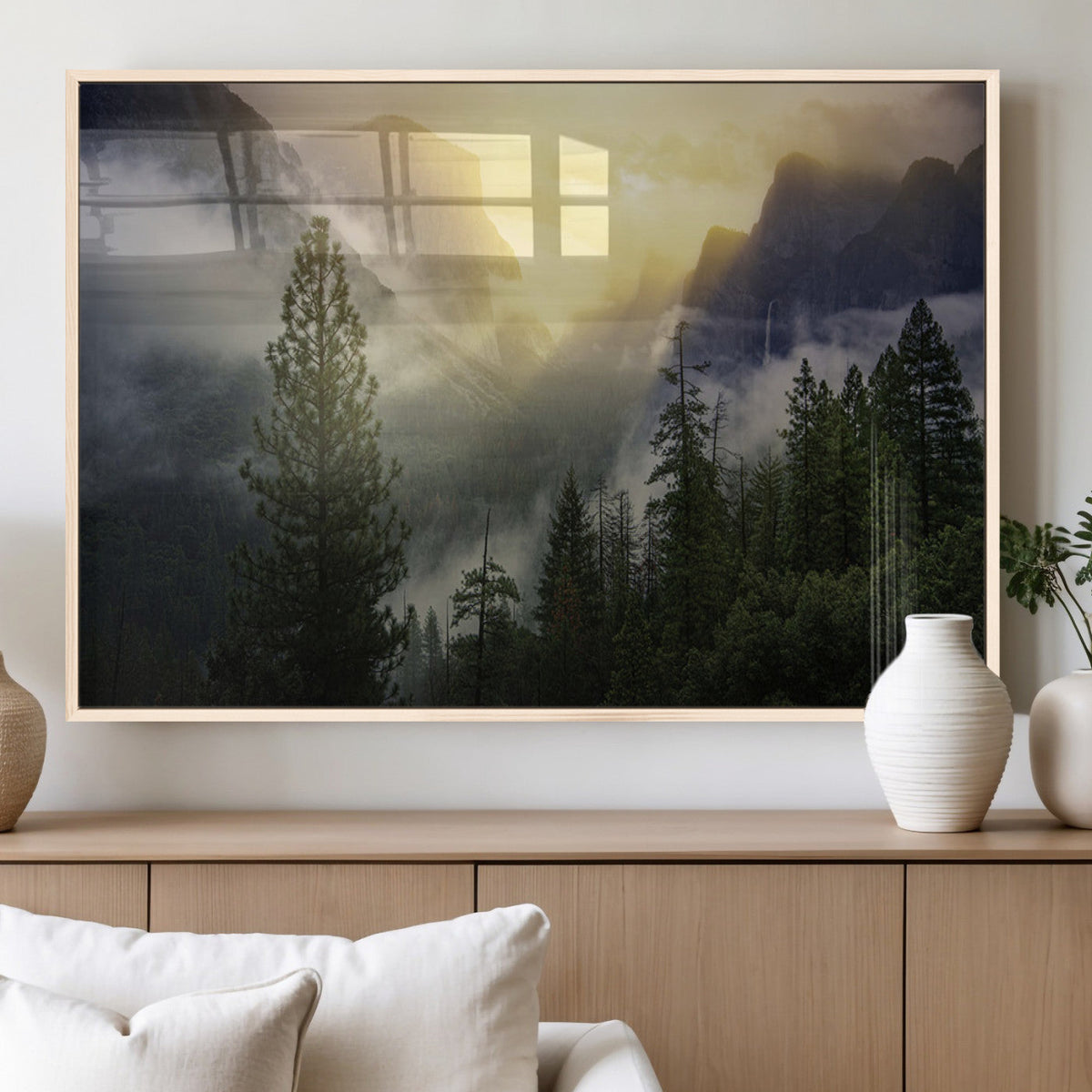 Misty Forest Sunrise Wall Art Canvas Print, Framed Mountain Valley Pine Trees