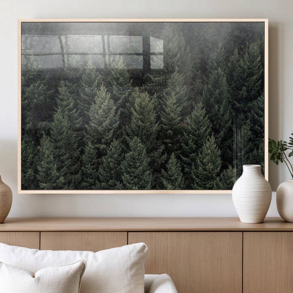 Misty Pine Forest Wall Art Canvas Print, Lush Green Trees Surrounded by Gentle Fog