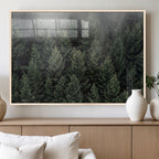 Misty Pine Forest Wall Art Canvas Print, Lush Green Trees Surrounded by Gentle Fog
