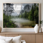 Misty Lake Forest Wall Art, Green Trees and Calm Water Reflection, Mountain Fog Landscape Canvas