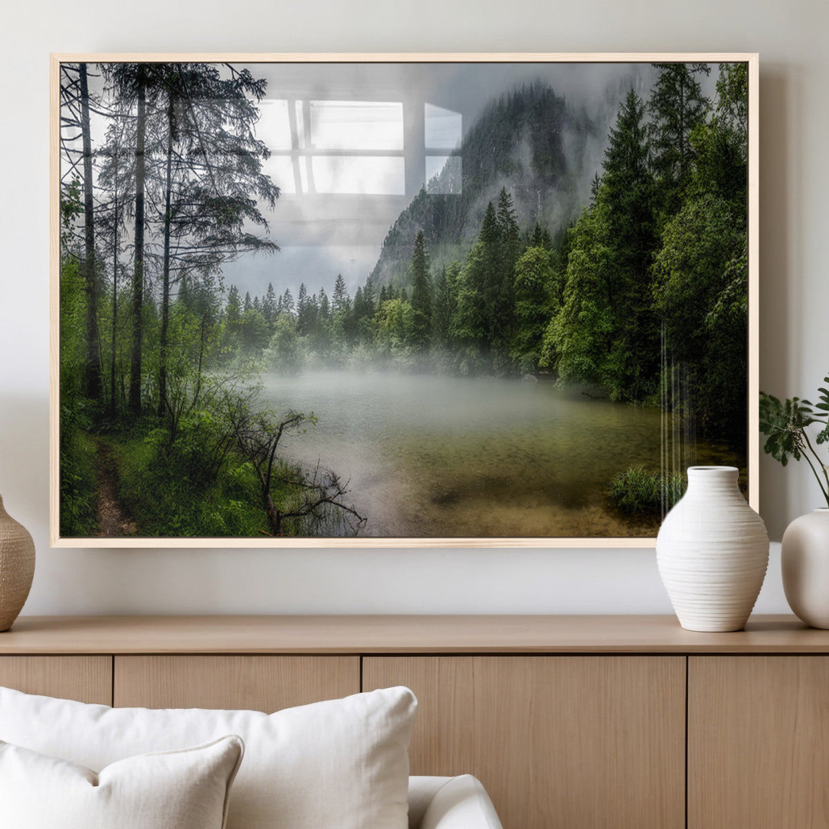 Misty Lake Forest Wall Art, Green Trees and Calm Water Reflection, Mountain Fog Landscape Canvas