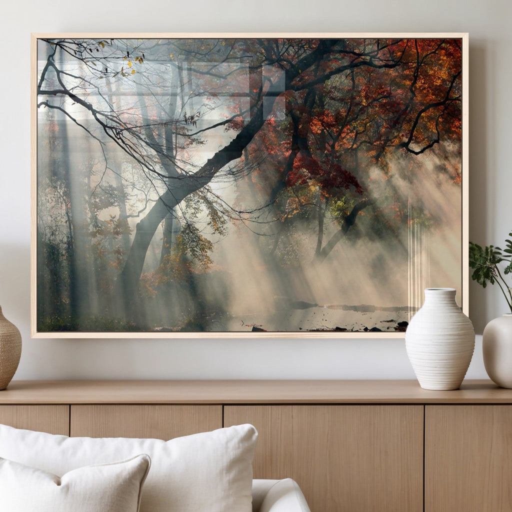 Sunlit Autumn Forest Wall Art, Misty Trees with Sun Rays, Peaceful Fall Landscape Canvas Print