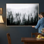 Foggy Forest Wall Art Canvas Print, Mountain Woodland Landscape, Minimal Nature Decor